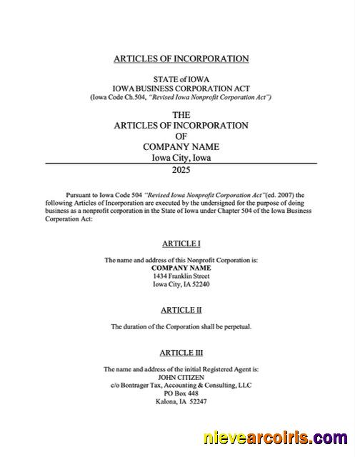 USA Iowa articles of incorporation